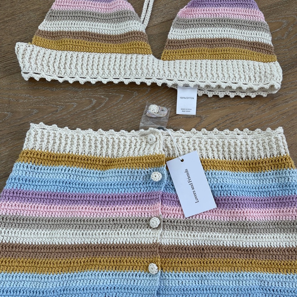 Lovers + Friends Pastel Rainbow Crochet Crop Top & Skirt Set - Picture 3 of 6